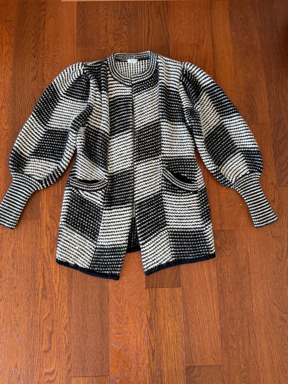 Vintage Black & White Checkerboard Knit Sweater Coat |Oversized Chunky 80s